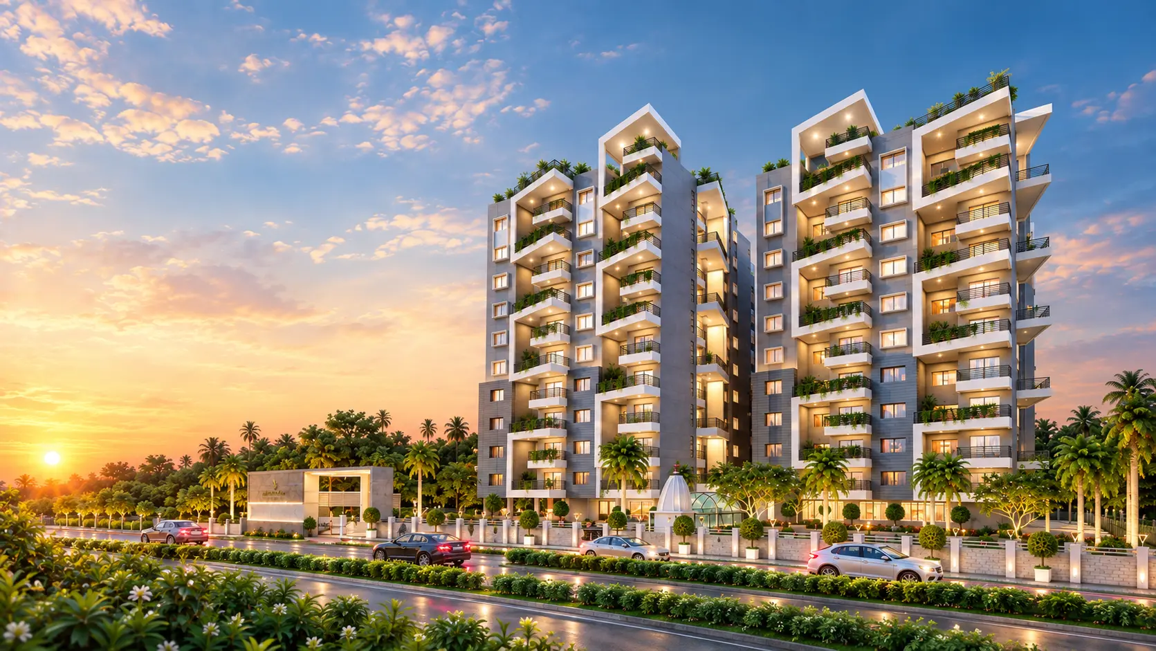 Prarthana Ecoville towers from the road, evening (illustrative render)